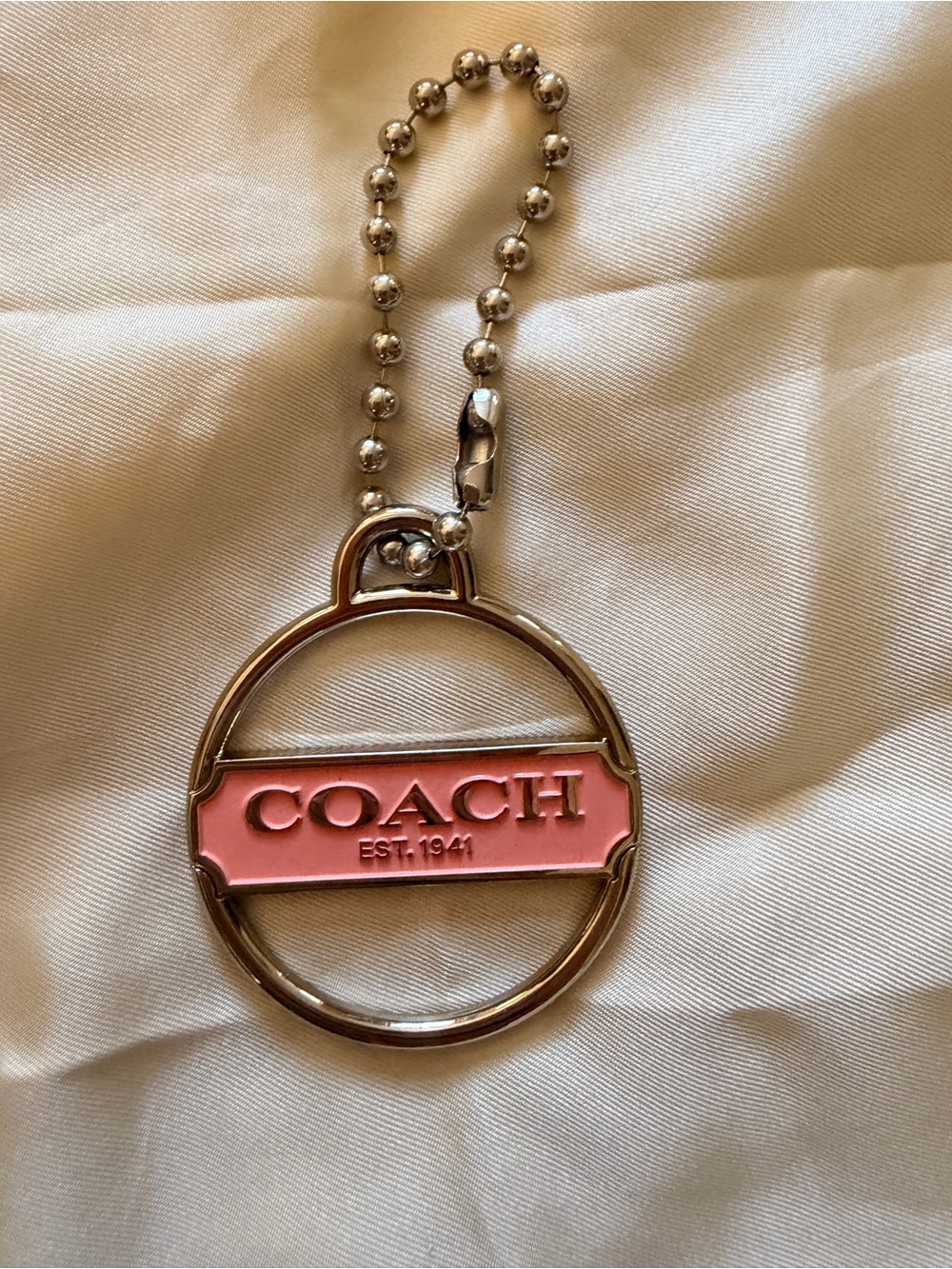 Coach Pink Enamel Logo Key Ring Charm with Silver-Tone Ball Chain